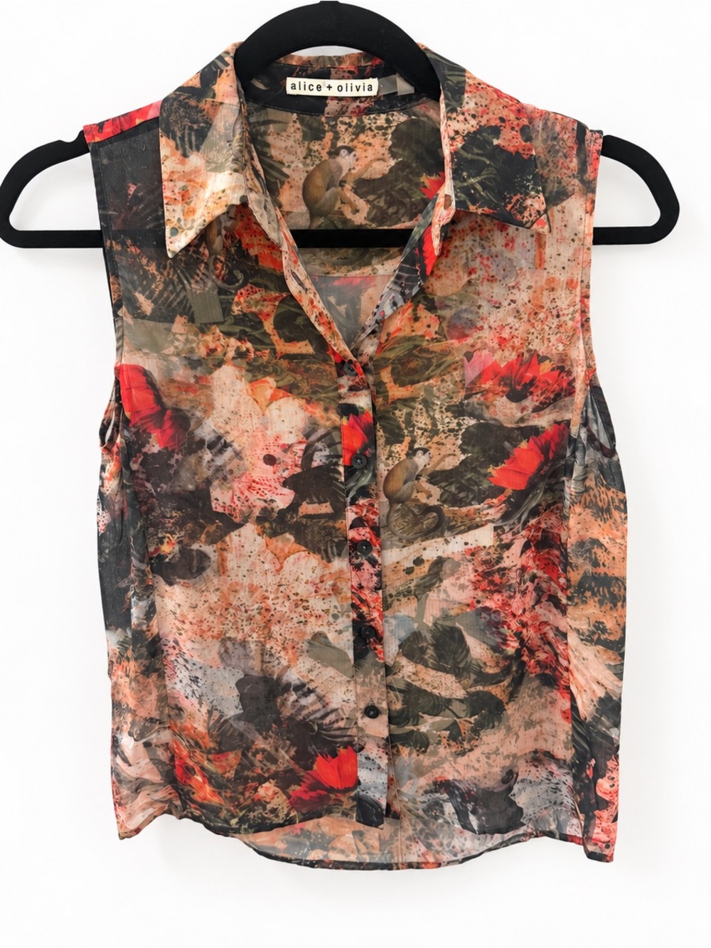 Alice + Olivia Sheer Jungle Safari Print Sleeveless Button Down Blouse - XS
